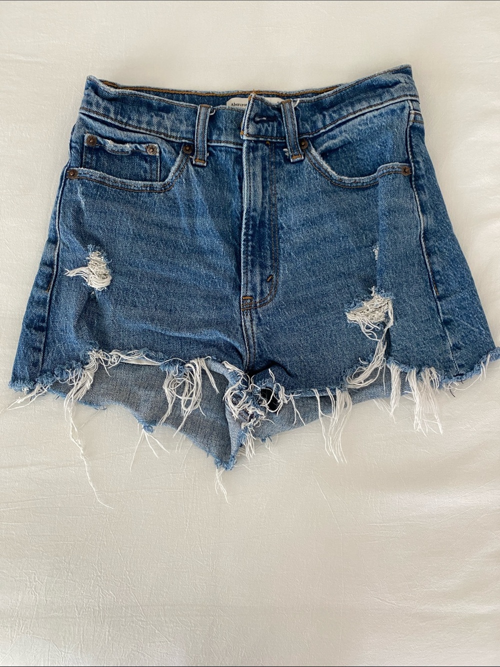 Abercrombie & Fitch Distressed Raw Hem Denim Shorts - Blue